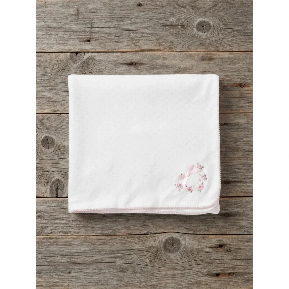 Vitamins Baby Blanket White Pink Floral Wreath Embroidered Cotton Swaddle Lovey
